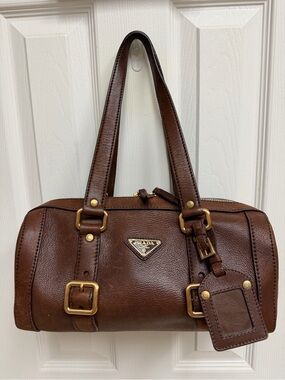 Prada Brown Leather Barrel Handbag with Gold Hardware